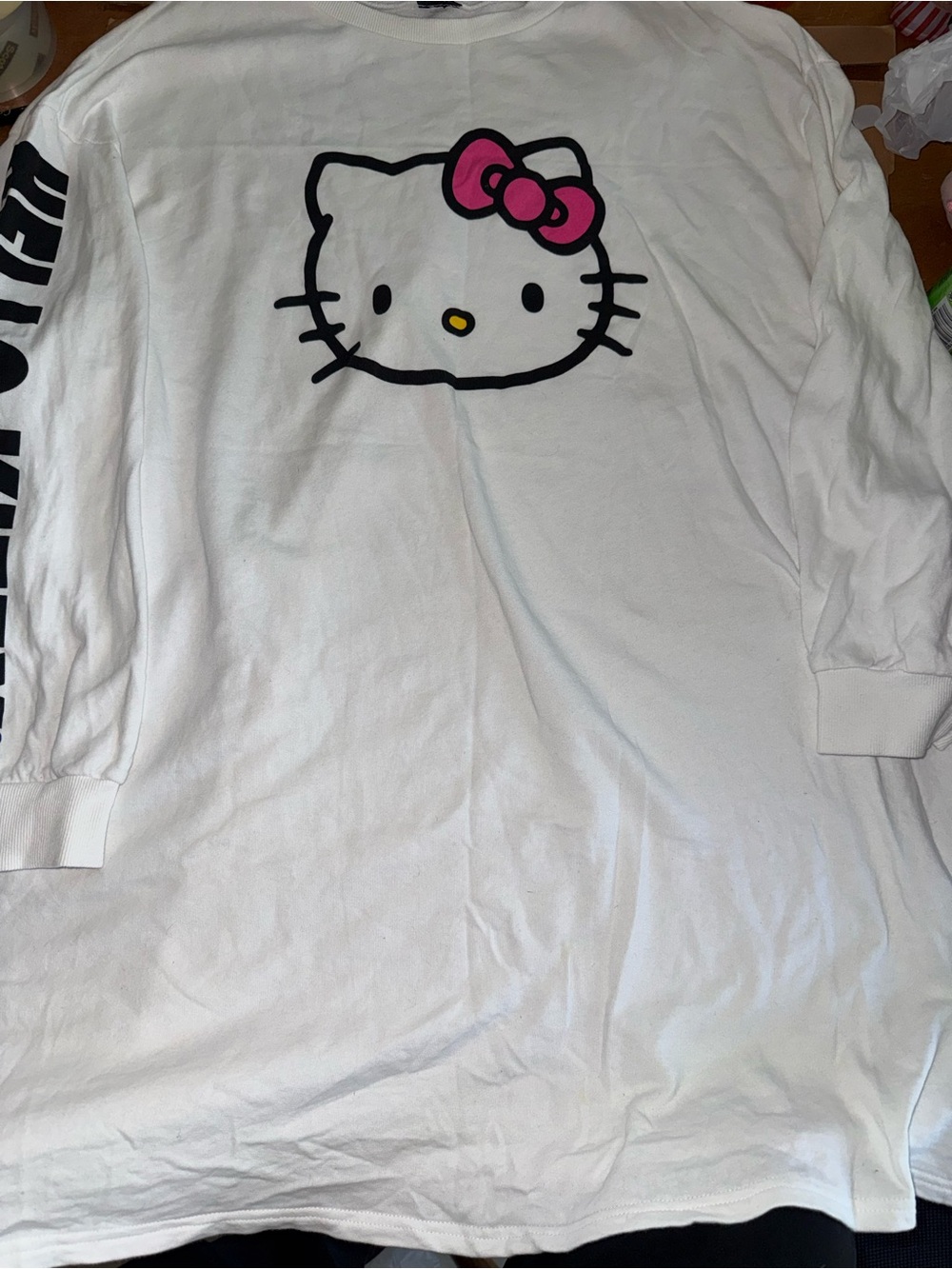 SHEIN White Hello Kitty Long Sleeve Tee with Pink Bow